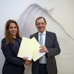 FEI President HRH Princess Haya and OIE Director General Dr Bernard Vallat, pictured at FEI headquarters in Lausanne, Switzerland, celebrate the start of a three-year plan for the safe international movement of sport horses. Photo: Edouard Curchod/FEI