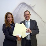 FEI President HRH Princess Haya and OIE Director General Dr Bernard Vallat, pictured at FEI headquarters in Lausanne, Switzerland, celebrate the start of a three-year plan for the safe international movement of sport horses. Photo: Edouard Curchod/FEI