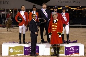 At the prize-giving for the second leg of the Furusiyya FEI Nations Cup™ Jumping 2013 series at Wellington, Florida tonight - Chef d’Equipe Robert Ridland surrounded by the winning team from the USA, Kent Farrington, Beezie Madden, Reed Kessler and Laura Kraut with HH Prince Faisal Al Shalan. Photo: FEI/StockImageServices.com