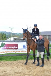 Anita Doherty on Fitz; 1st prizewinners of the 1.30m Grand Prix class. Presentation by James Kernan