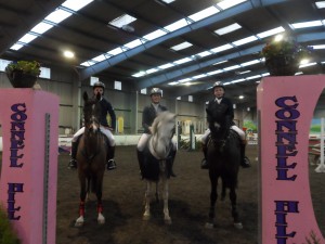 L-R  Nathan Evans on Hopala, Victoria Brown on Cullagh Lass, Richard McIvor on Classiebawn Scardens Jack prize winners in the `48 cm 1.20 m class.