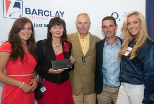 Anne-Marie McKinty (Jonjo Bright's Sister), Averil and Glenn Knipe (Winners of the Raffle), John Bright (Jonjo's father) and Barclay Communications' jockey Emily Jane Cloke