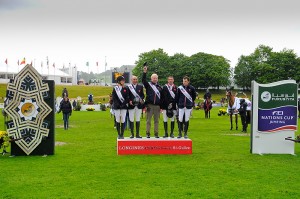 The British team won the third leg of the Furusiyya FEI Nations Cup™ Jumping 2013 Europe Division 1 series at St Gallen, Switzerland today.  Left to Right - Laura Renwick, Joe Clee, Chef d’Equipe Rob Hoekstra, Guy Williams and Scott Brash.  Photo: FEI/Katja Stuppia.