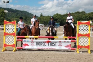 Amy Roberts, Amy O' Hare, Morgan Mc Caughey & Susan O' Connor collect their prizes at Ravensdale Lodge after the 90cm class at the RDS ticket show held at the centre on Sunday 4th August. Photo: Nial Connolly