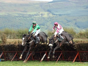 Chosen Dream and Low Island neck and neck over a fence at the Route Hunt Point to Point races on Saturday. 39299KDR