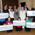 FIVE CHEQUES WERE PRESENTED AT A RECEPTION AT THE TEMPLE GOLF CLUB LAST WED. EVENING.FRONT ROW OONAGH BROWN DEVELOPMENT MANAGER OF MENCAP RECEIVED A CHEQUE FROM ALASTAIR McILVEEN (NORTH DOWN MARQUEES) WINNER OF THE SAINTFIELD HORSE SHOW CELEBRITY DONKEY CHASE. VERA FAWCETT RECEIVED A CHEQUE FOR £500 FOR PARKINSONS FROM SAINTFIELD HORSE SHOW DIRECTOR JOAN CUNNINGHAM AND LISA McGROGAN MACMILLAN CANCER SUPPORT RECEIVED A CHQUE FOR £500 FROM RONDA HUDDLESON WINNER OF THE DONKEY DERBY. AMANDA WATERSON AND VALERIE MORRISON ALSO RECEIVED A CHEQUE FOR £200 FOR P.D.S.A. AND DON McBURNEY REPRESENTING UNESCO UK RECEIVED £500 FROM KEVIN MCBARRON JOINT WINNER OF THE DONKEY CHASE ALSO INCLUDED ARE ALASTAIR McILVEEN (NORTH DOWN MARQUEES) LORRAINE JOHNSTON ANGELA STEELE (BANK OF iRELAND) DON McBURNEY VI PATTERSON DYLAN HUDDLESON JOAN CUNNINGHAM (SAINTFIELD HORSE SHOW DIRECTOR) KEVIN McBARRON RONDA HUDDLESON ANGELA CARTRIGHT TONI CAMPBELL AND ADELLE HUDDLESON.