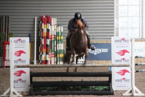 Paddy Hughes & Friday sail over the Horse First joker fence at Ravensdale Lodge on Saturday during the indoor arena eventing league held at the centre: Photo: Niall Connolly