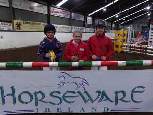 Individual winners of HORSEWARE Junior league L-R 3rd Caitlin Stuart, 1st Charlie Hanna, 2nd Ethan Smith