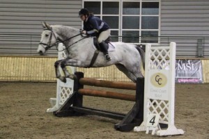 Nicola Smyth-Holmes & Legga Chocolate on a flier in the 1m class at Ravensdale Lodge's indoor arena eventing league sponsored by Horse First on Saturday Photo: Niall Connolly.