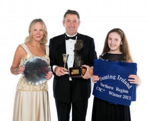 Gina Johnston won the Irwin Cup for 'Valentino Red' the owner-bred horse gaining best placings at Northern Region Events; Steven Smith won the CNC* on 'Bonito' also owned by Gina Johnston. Steven also won the Northern Region Leading Rider Trophy.  They are picture with Steven's daughter Hollie.