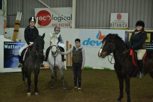 Winners in the 70cm class Sorcha McCague on Ben, Shannon Treanor on Barney winners of the Watters Electrical voucher & Colleen Carville on Farnah Boy. Presentation by John Kernan.