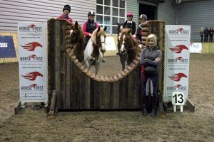 Lucky for some! Lilian Clements (extreme left) made her comeback show after 16 years a good one as she went clear over the 70cm track at Ravensdale Lodge on Saturday during the Horse First indoor arena eventing league. Lilian is pictured at the Horse First joker fence, lucky number 13 with the other clear rounds in the class, Dawn Hannah, Shannon Weir, Debbie Larkin & Chloe Heaney. Photo: Niall Connolly. 