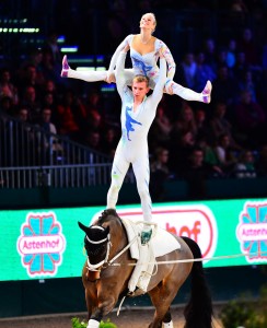 Germany’s Pia Engelberty and Torben Jacobs on Danny Boy, lunged by former world champion Patric Looser, notched up their second victory in this year’s FEI World Cup™ Vaulting in Leipzig, winning both rounds and guaranteeing their ticket to the Final in Bordeaux on 7-8 February. (Photo: Pascal Duran/FEI)