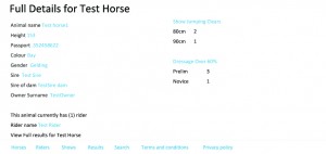 Typical summary page for a horse shown above, with identity details shown on the left and a summary of clear rounds at each height and other achievements shown on right.
