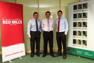 From Left: James Kernan, Damian Mc Donald and  Gareth Connolly at the launch of the Horse Sport Ireland/Connolly’s Red Mills Spring Tour at the HSI offices 5/2/14 photo by Laurence Dunne Jumpinaction.net