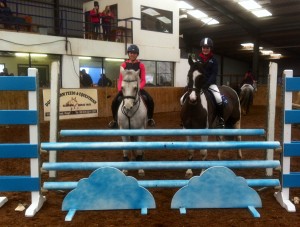 Mimi Joffroy on Benny and Rachel Black on Schuey having a look at the new jump at Knockagh View Equestrian centre's jump cross day