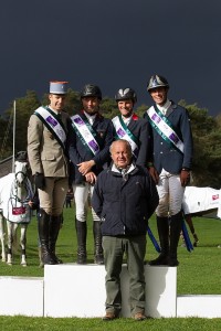 France’s Donatien Schauly, Eric Vigeanel, Nicolas Touzaint and Maxime Livio with Chef d’Equipe Thierry Touzaint (centre) dominated the opening leg of FEI Nations Cup™ Eventing 2014 at Fontainebleau (FRA). Photo: Eric Knoll/FEI.