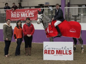 Left to right: Chantal Suarez, owner of Portmore Equestrian Centre, Niamh Harding, Jenny Crozier of Redmills pictured with James Hogg on Interpreter, winner of HSI Connolly's Red Mills Spring Tour Round Six at Portmore Equestrian Centre