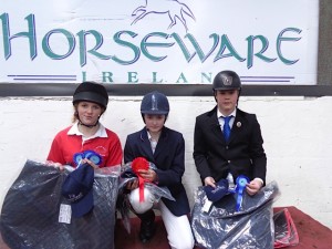 Individual winners of the HORSEWARE Junior league L-R 3rd Ellie McMullan, 1st Charley Hanna, 2nd Ethan Smith