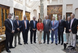 FEI President HRH Princess Haya (centre), was appointed President of the International Horse Sports Confederation at its first meeting last weekend. Louis Romanet (right of Princess Haya), Chairman of the International Federation of Horseracing Authorities (IFHA), was appointed IHSC Vice President. Other attendees at the meeting were (from left) Graeme Cooke, FEI Veterinary Director; Ingmar De Vos, FEI Secretary General; John McEwen, FEI 1st Vice President and Chair of the FEI Veterinary Committee; Pablo Mayorga, FEI 2nd Vice President; Winfried Engelbrecht-Bresges, CEO of the Hong Kong Jockey Club (HKJC) and Vice Chairman of the IFHA; Andrew Harding, Secretary General of the Asian Racing Federation, IFHA Regional Technical Adviser (Asia) and Director of Racing Development HKJC; Dr Roland Devolz, IFHA Technical Advisor; Dr Anthony Kettle, Secretary of IFHA International Movement of Horses Committee (IMHC) and Head of Veterinary Department at Dubai Racing Club. (Photo: Richard Juilliart/FEI)