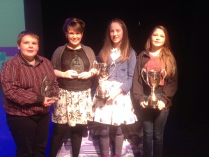 Award Winning Omagh RDA Junior Dressage team, with their haul of awards presented by Omagh Sports Forum. Prize winners are from left: Gavin Forsythe (Junior Freestyle Grade I-V Winner), Lucy Smyth (Junior Introductory Winner), Grace McSorley (Introductory Dressage Winner) and Naomi Connell (Junior Introductory 3 and level 2 show jumping winner) 