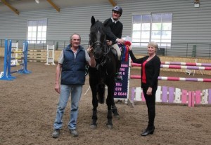 John Floody, pictured riding HTS Blackrock had multiple wins and placed horses in Thursday's SJI registered horse league final at Ravensdale Lodge helping him to the leading rider title in the league. Also pictured is winning owner Brian Kieran and international judge Eilish Mulholland. Photo: Niall Connolly.