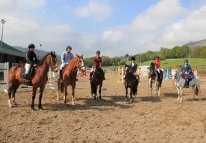 Line up of prize winners in the 90cm class at Ravensdale Lodge's "Bumper Show" held on Monday 5yh May were (from right), Molly O' Connor & Taffy, Ruth Baird & Homer, Katherine Weir & Molly, Lauren Wilson & Charante, Andrew Rafferty & Turbo and Amber Harrison with Sir Duke. Photo: Niall Connolly.