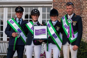 (left to right) The winning German team of Andreas Ostholt, Anna-Maria Rieke, Josefa Sommer and Andreas Dibowski claimed the honours at Waregem (BEL), penultimate leg of the FEI Nations Cup™ Eventing 2014 (Photo: EventingPhoto.com/FEI).