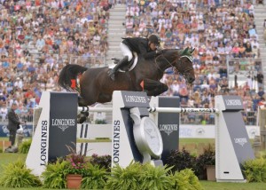 Kevin Babington and Shorapur jumped to the top of the $250,000 Hampton Classic Grand Prix, presented by Land Rover. Photo Shawn McMillen