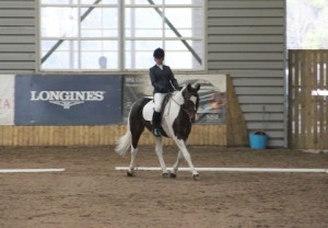 Caitie Slater & Chinook topped class 2 with a fine score of 77.36% at Ravensdale Lodge's indoor dressage league on Sunday. Photo: Niall Connolly.