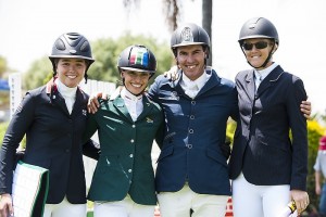 On the podium at the FEI World Jumping Challenge Final 2014 in Kyalami (RSA) left to right: silver medallist Maria Gabriela Brugal (DOM), Alexa Stais (RSA) who finished fourth, Rainer Korber (RSA) who took bronze and gold medallist Charley Crockart (ZIM). (FEI/Tamara Blake Images).