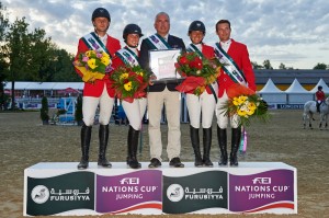 The team from the Czech Republic won the first leg of the Furusiyya FEI Nations Cup™ Jumping 2015 Europe Division 2 League at Linz, Austria today: (L to R) Ales Opatrny, Emma Augier de Moussac, Chef d’Equipe Martin Ohnheiser, Zuzana Zelinkova and Ondrej Zvara. (FEI/Herve Bonnaud)