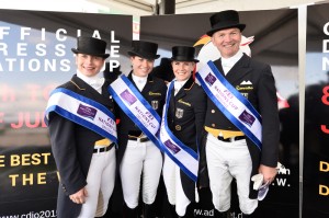 Team Germany stamped their authority all over the fourth leg of the FEI Nations Cup™ Dressage 2015 pilot series when coming out on top at CDIO Hagen, Germany today. Pictured (L to R): Isabell Werth, Kristina Broring-Sprehe, Jessica von Bredow-Werndl and Hubertus Schmidt. (FEI/Karl-Heinz Freiler) 