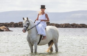 Grace Maxwell Murphy on her Connemara pony mare Thiergartenhof's Larissa at Furbo Beach for the launch of the Connemara Pony Festival which take place in Clifden from August 16-23
